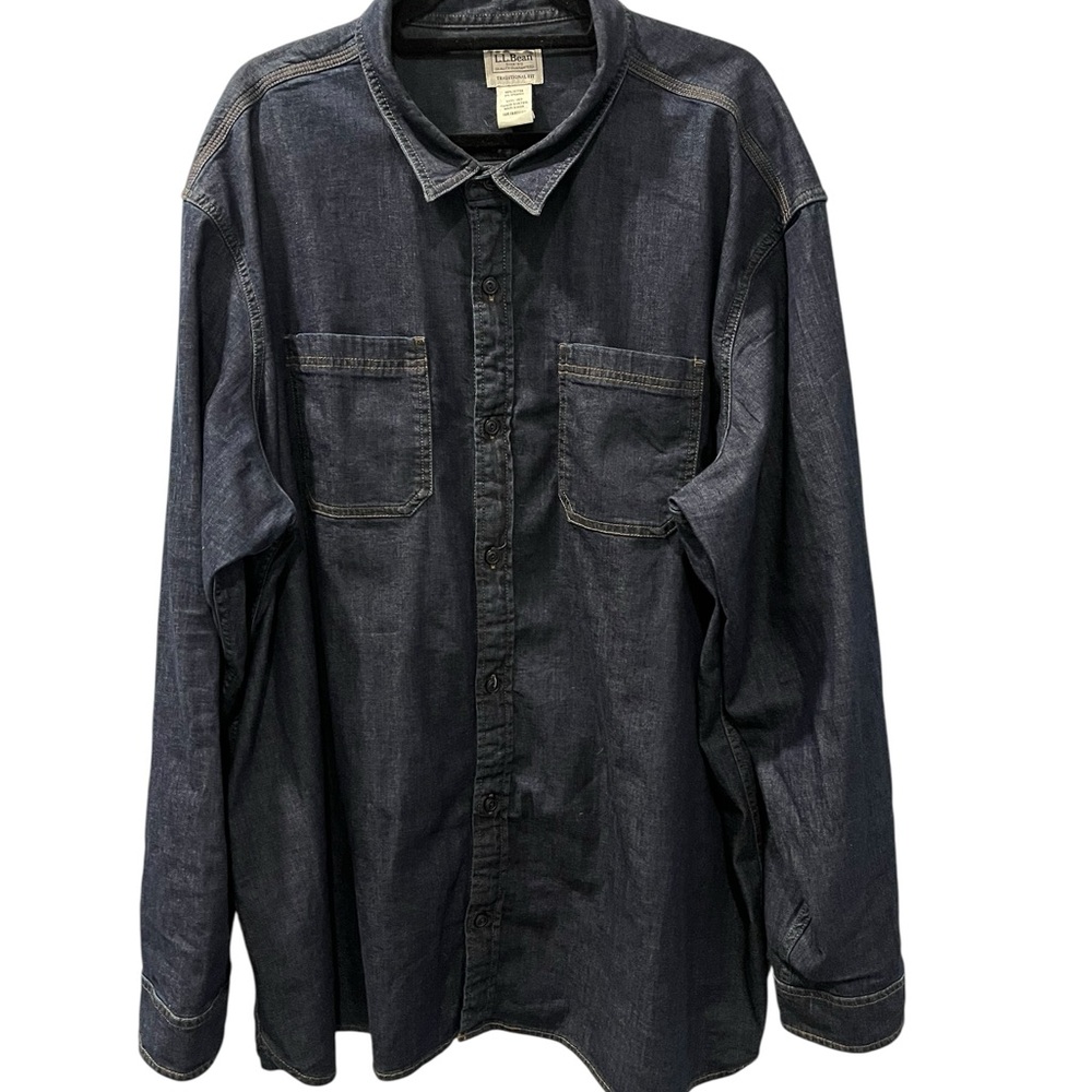 L.L. Bean Dark Blue Denim Jean Casual Button Down Shirt Relaxed Fit Size 3XL